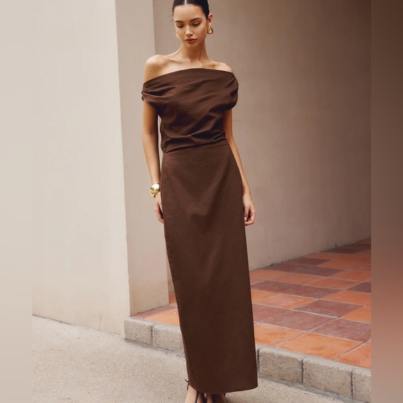 Commense Cotton & Linen Asymmetrical Neck Off the Shoulder Long Maxi Dress - Picture 5 of 12